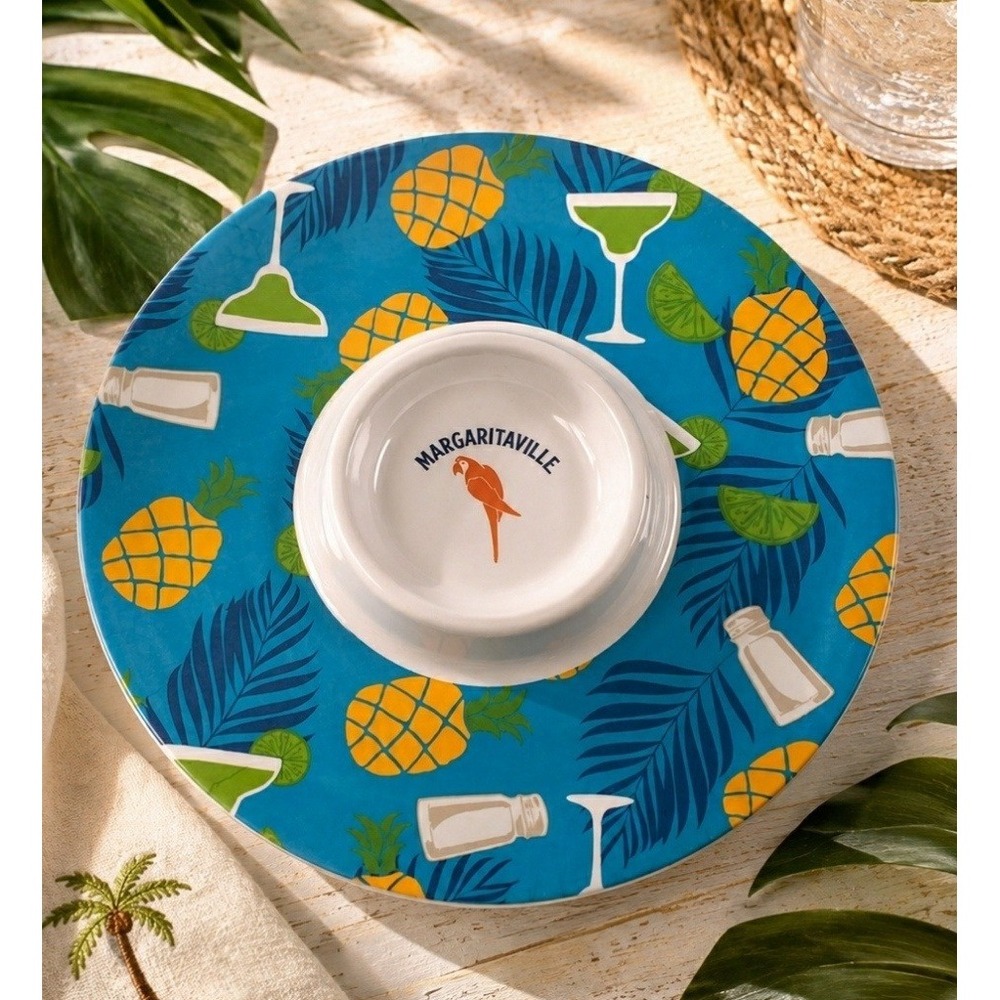 Margaritaville Chip and Dip Serving Bowl Blue Tropical Pineapple Parrot NEW